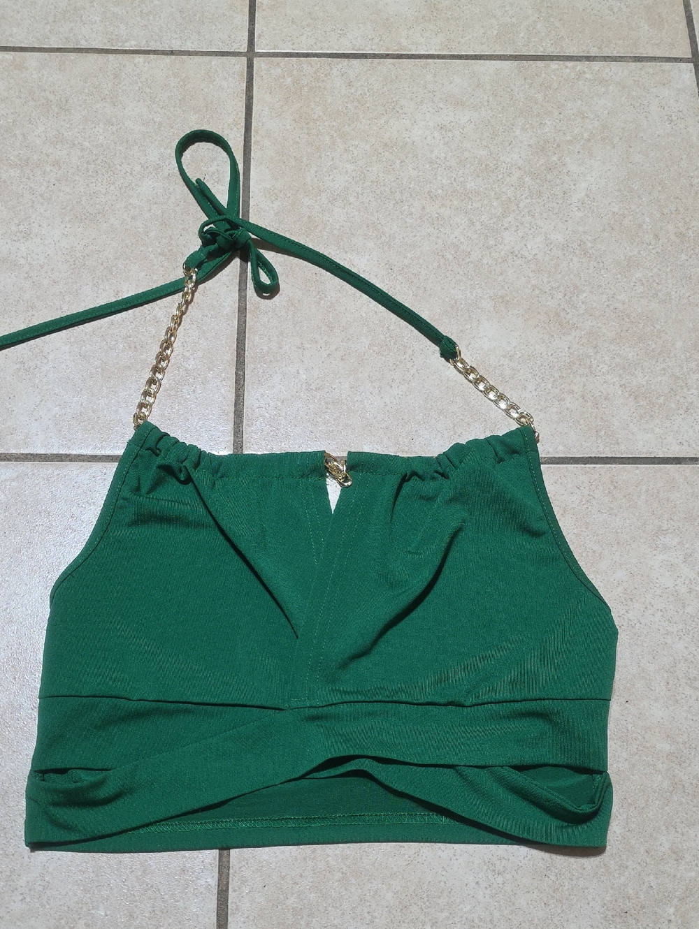 & Other Stories Emerald Green Halter Crop Top with Gold Chain Strap